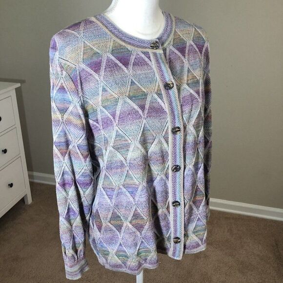 Vintage 70s Pastel Cardigan M Diamond Argyle Button Front Grandma - Picture 11 of 12